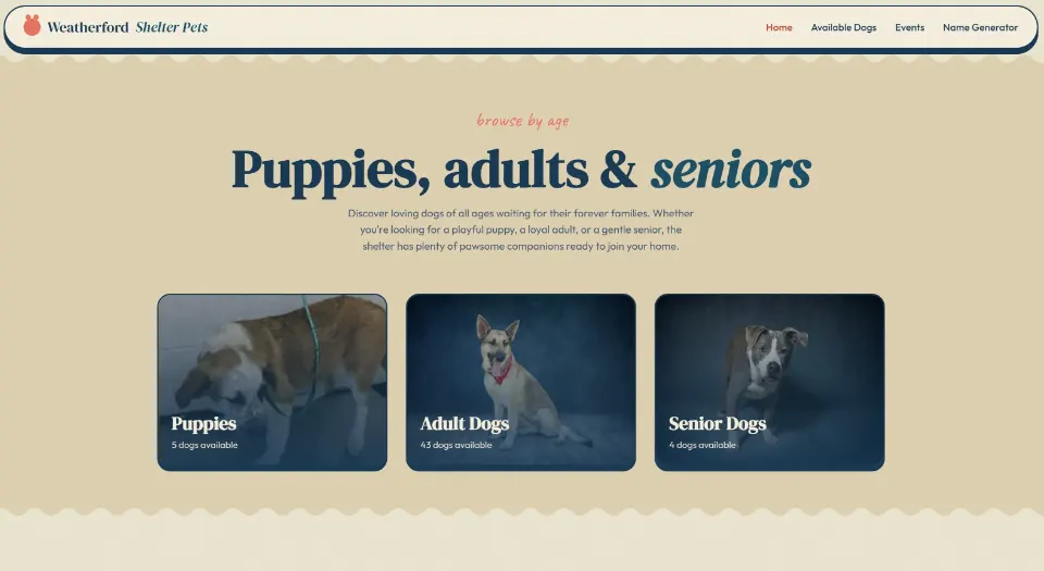 Weatherford Shelter Pets age groups website screenshot