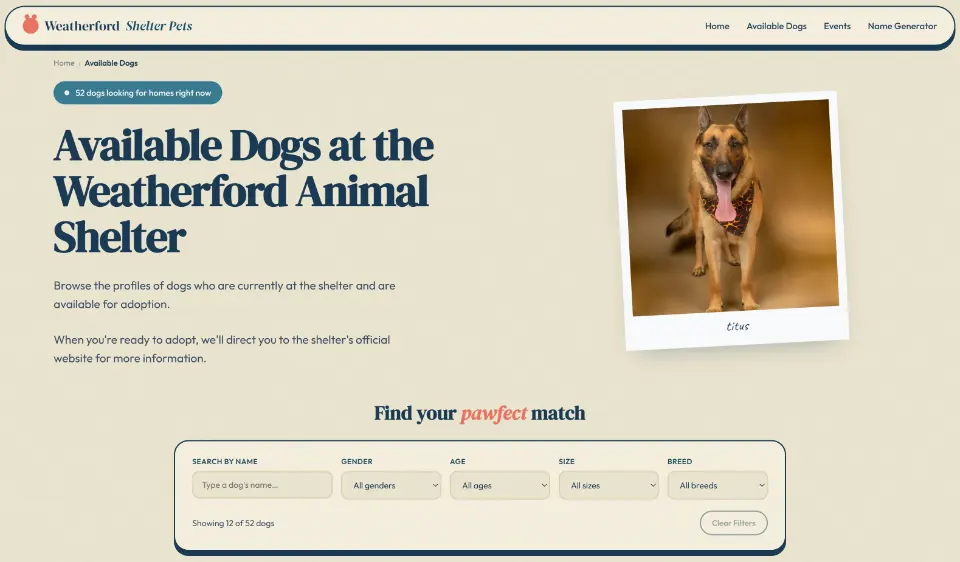 Weatherford Shelter Pets available dogs page