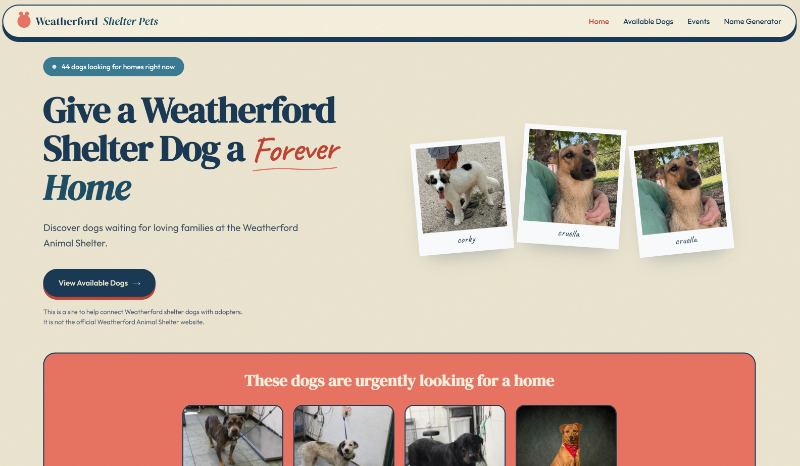 Screenshot of the Weatherford Shelter Pets website