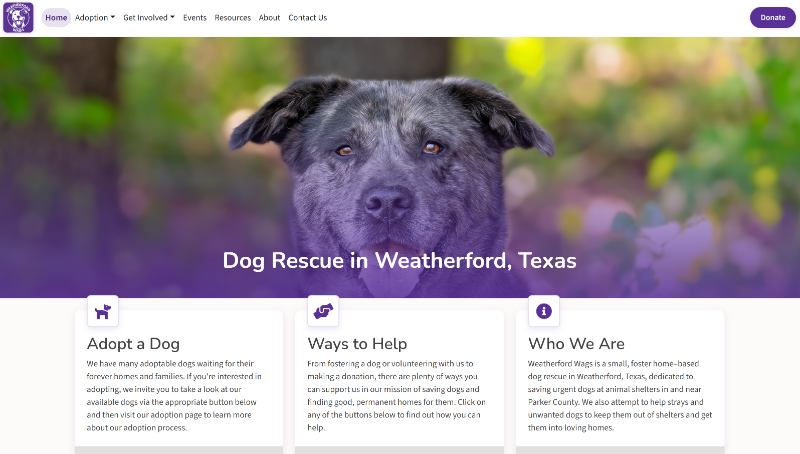Screenshot of the Weatherford Wags website